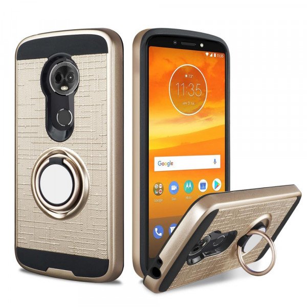 Wholesale Motorola Moto G7 Power 360 Ring Kickstand Hybrid Case with Metal Plate (Gold)